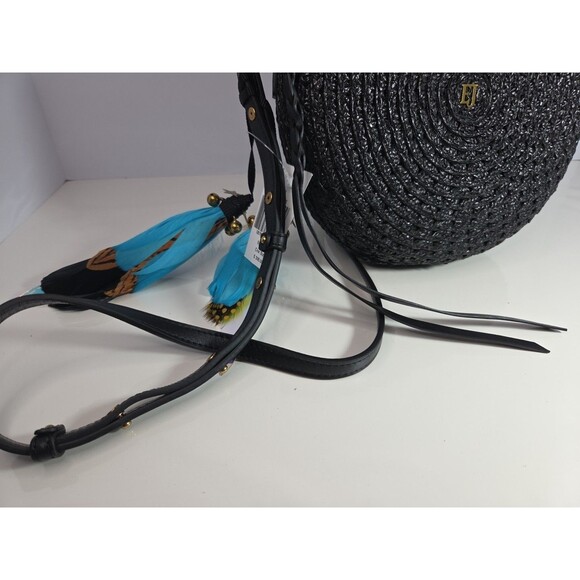 Eric Javits Canteen Style Black Woven Shoulder Bag w/Feather Details 9" Across - Picture 4 of 14